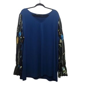 Susan Graver Blue Liquid Knit Tunic Floral Embroidered Mesh Sleeves Plus Size 3X